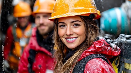 A smiling woman in a hard hat and rain jacket leads a group of hikers through a lush forest. photo