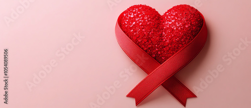 Sparkling red heart shape adorned with glitter, intertwined with a smooth red ribbon, symbolizing love and celebration against a soft pink background. photo