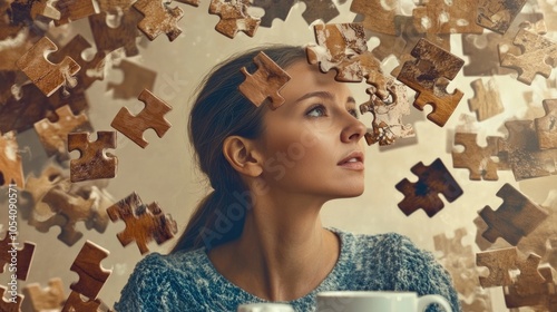 Mujer concentrada ensamblando piezas de un rompecabezas en una mesa, rodeada de café y luces suaves. La imagen evoca tranquilidad y diversión mental.






 photo