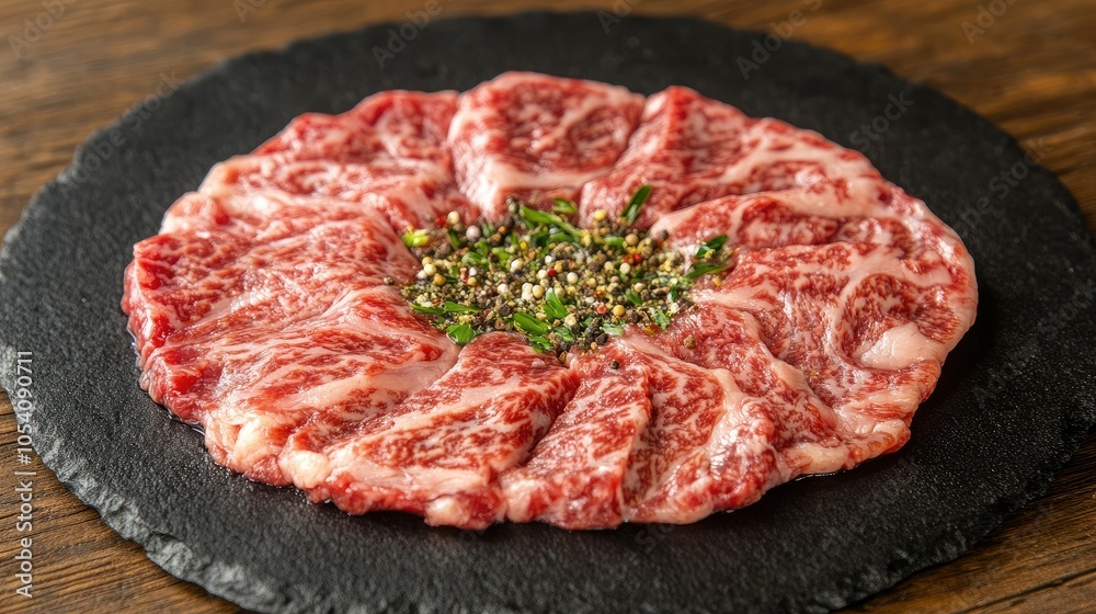 Fototapeta premium Raw beef steak on black surface, surrounded by herbs and crushed pepper, with rich marbling and texture visible