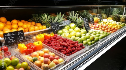 Display of fresh fruits and vegetables at a gourmet market. Colorful and appetizing produce selection. photo