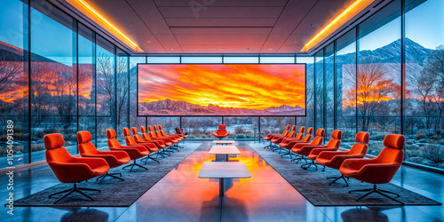 Vaste salle de réunion futuriste avec des fauteuils orange photo