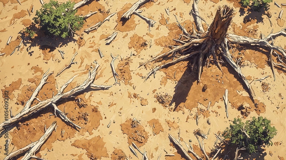 Dry landscape showing cracked soil and dead tree roots on a barren ground. Dry landscape showing cracked soil and dead tree roots on a barren ground.