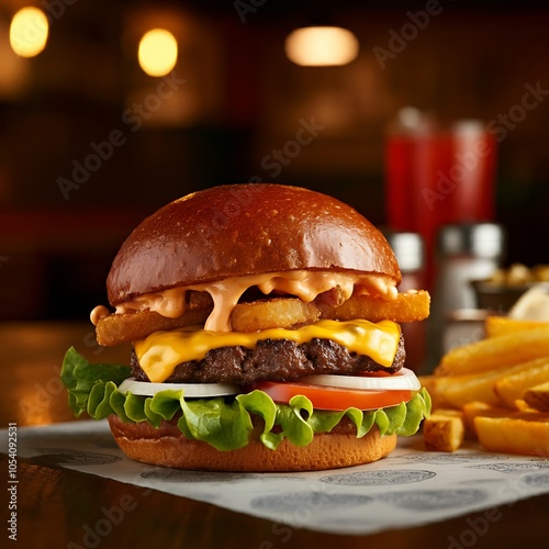 Testy and Juicy Cheeseburger on Wooden Table