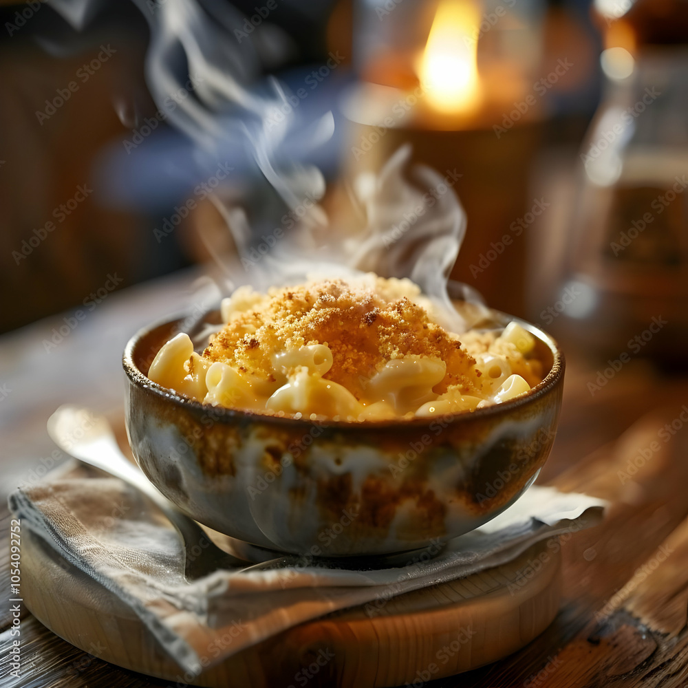 A close-up of a steaming bowl of macaroni and cheese with a crispy crust. A close-up of a steaming bowl of macaroni and cheese with a crispy crust.