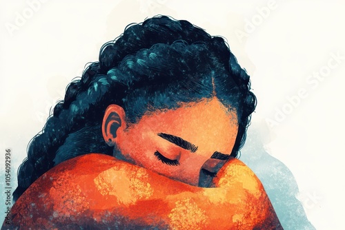 Woman with braids hugging herself in a creative, hand-drawn, flat design watercolor illustration. Solid color background for International Hug Day.