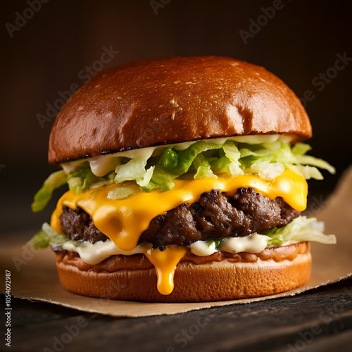 Testy and Juicy Cheeseburger on Wooden Table