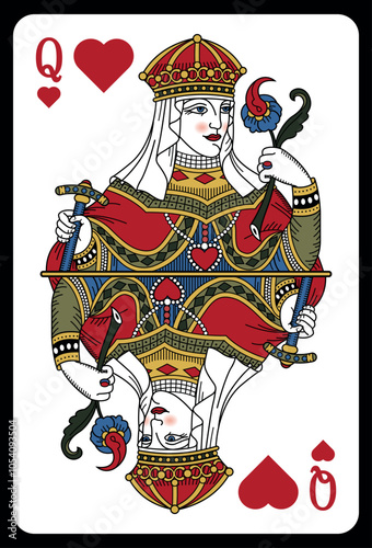 Classic playing card queen hearts. Vector illustrations