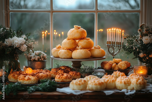 Table spread with sufganiyot, latkes, and menorah with candles, set against a starry night backdrop. photo