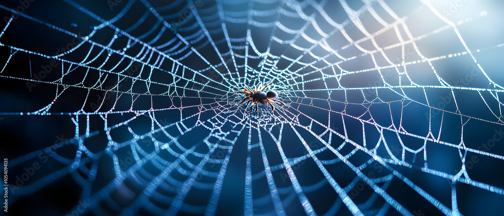 Obraz premium A detailed view of a spider's web against a dark backdrop, illuminated by light emanating from the web's center