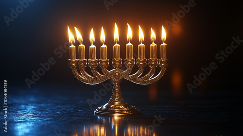 Happy Hanukkah text in silver with menorah and dreidel graphics on a bright blue background. photo