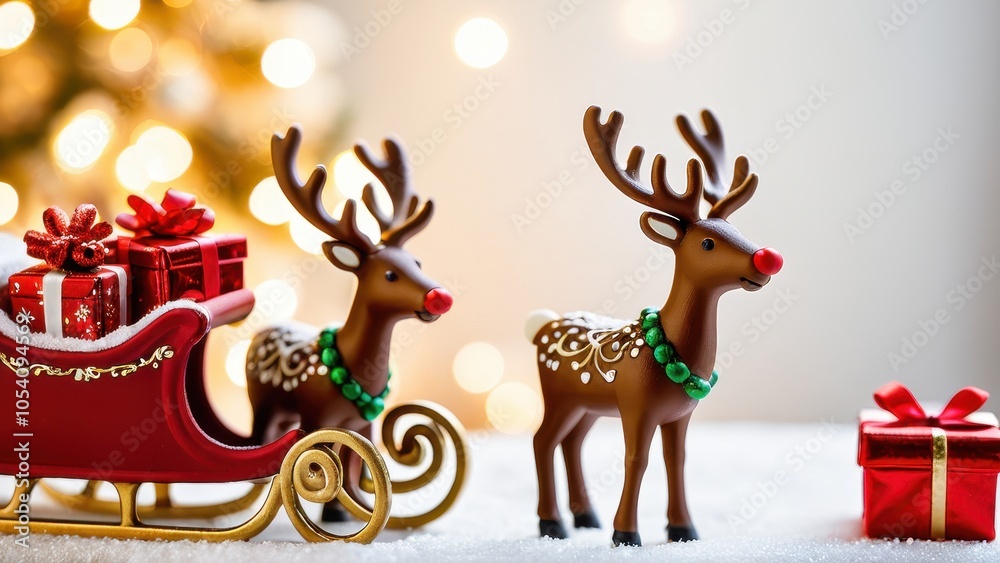 Obraz premium Handcrafted reindeer figures with a sleigh loaded with gifts, set against a backdrop of warm festive lights. Ideal for bringing holiday cheer to seasonal decor.