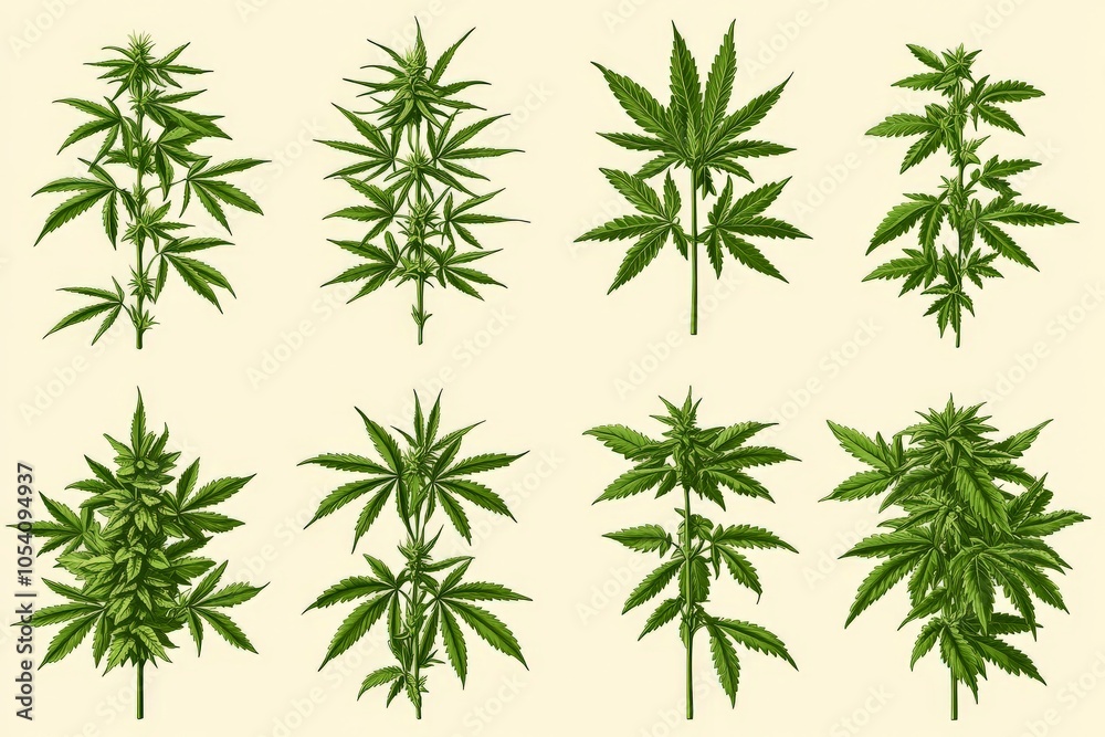 Fototapeta premium Repeating botanical pattern of cannabis plants in varying sizes arranged on a beige background ideal for textiles decor or branding in eco conscious nature inspired product design