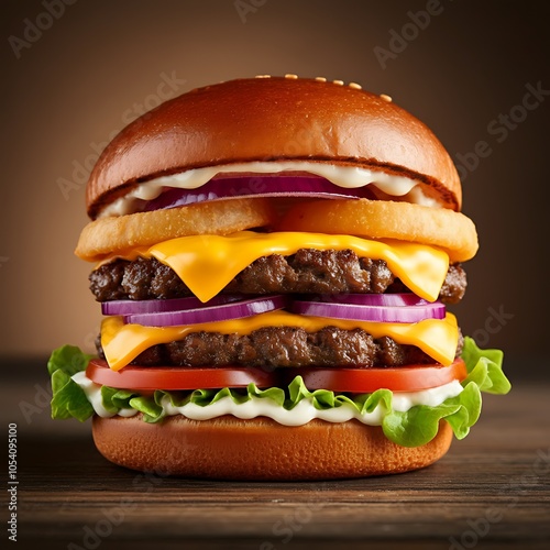 Testy and Juicy Cheeseburger on Wooden Table