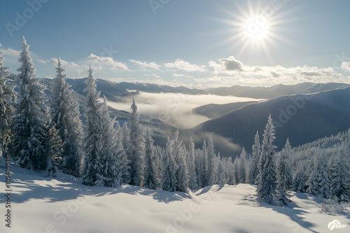 winter coniferous forest covered with snow in evening. AI generative. photo