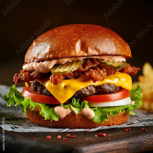 Testy and Juicy Cheeseburger on Wooden Table