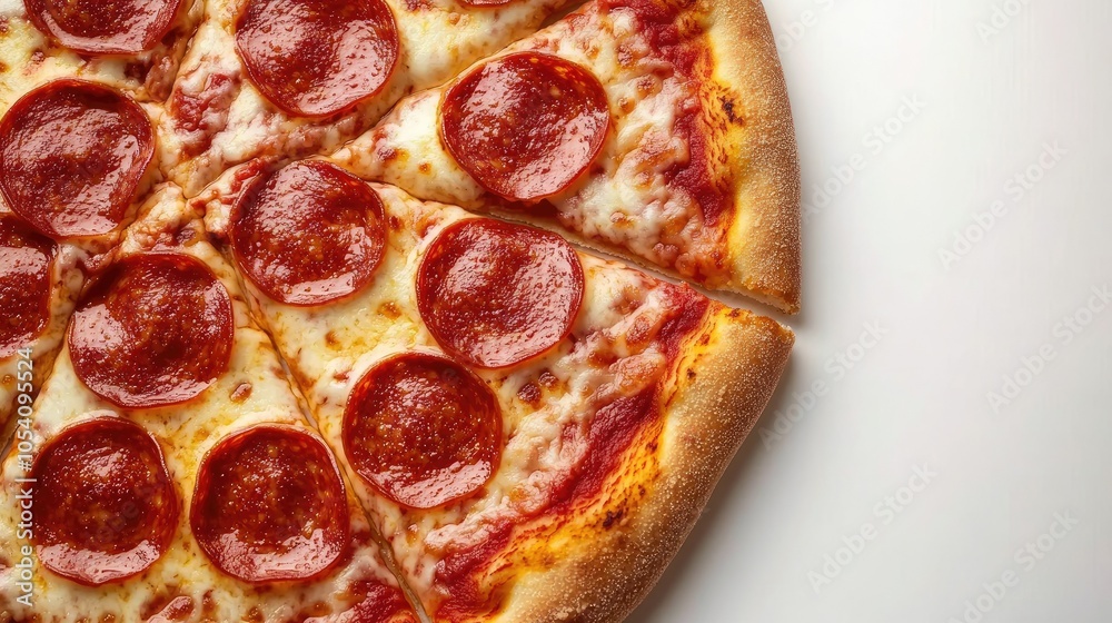 Top view of a pepperoni pizza with golden crust, melted cheese, and perfectly arranged pepperoni slices on a white background, highlighting delicious details Top view of a pepperoni pizza with golden crust, melted cheese, and perfectly arranged pepperoni slices on a white background, highlighting delicious details