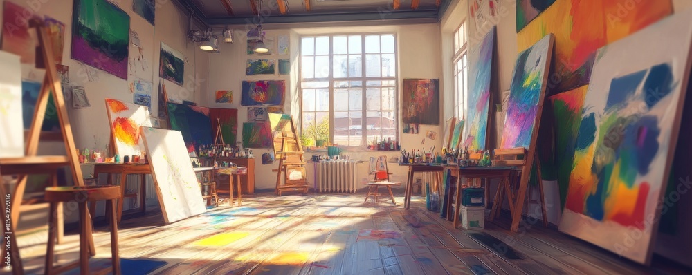 Vibrant art studio filled with easels, colorful paint palettes, creative atmosphere, inspiring space for artists and art enthusiasts Vibrant art studio filled with easels, colorful paint palettes, creative atmosphere, inspiring space for artists and art enthusiasts