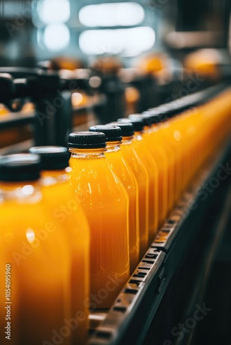 Row of orange juice bottles on a conveyor belt. The bottles are all the same size and shape, and they are all orange