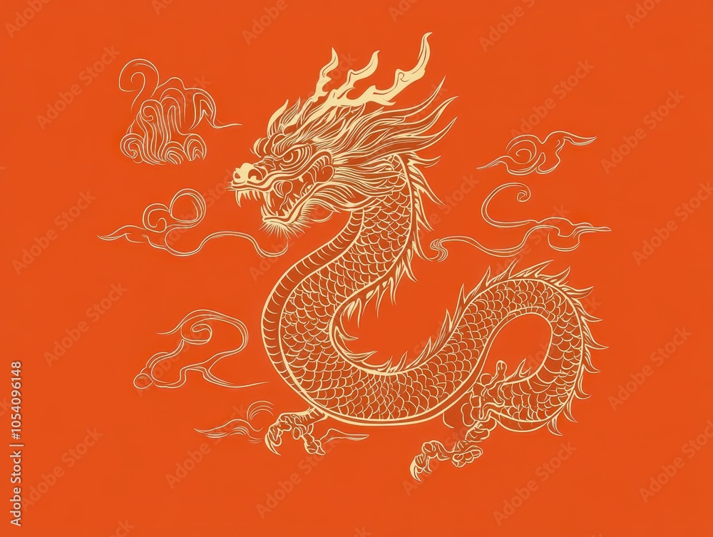Fototapeta premium An illustration celebrating Happy Chinese New Year with the zodiac sign for the year of the dragon, set against a solid color background. Highlighting traditional symbolism and festive elements.