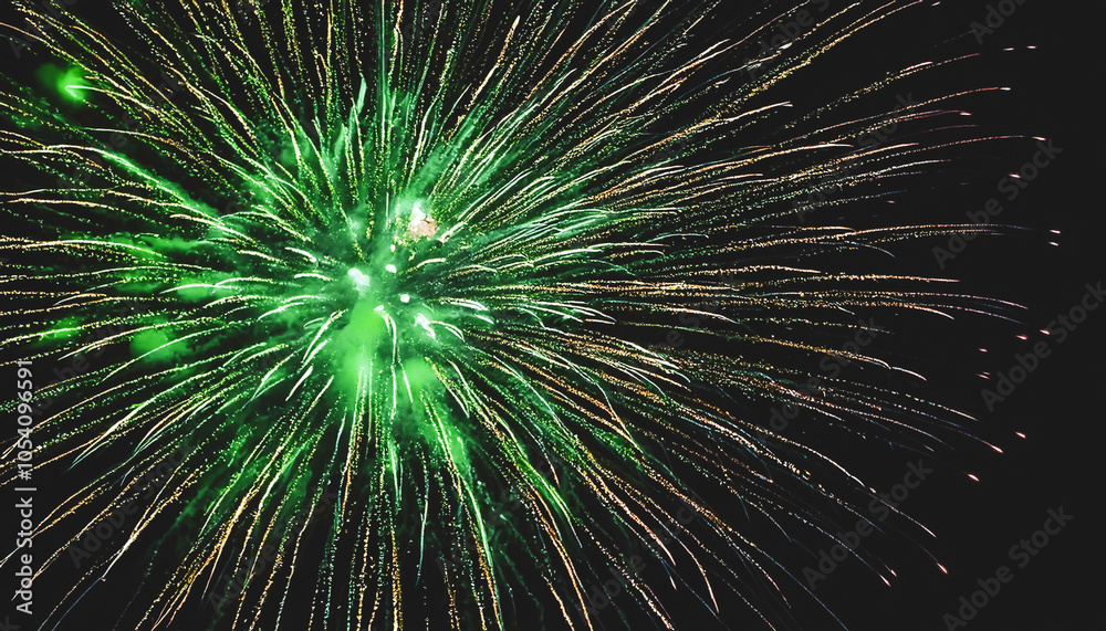 Fototapeta premium Close-up of blue and green fireworks burst at night, illuminating the dark sky with vibrant trails and sparks, festive celebration with bright colours, dynamic energy, powerful visual display