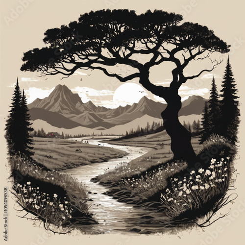Silhouette Landscape with Tree, River, Sky & Forest Explore the Tranquility of a Winding River Landscape Tranquil Meadow with Wildflowers and Babbling Brook  All around, there is an atmosphere 