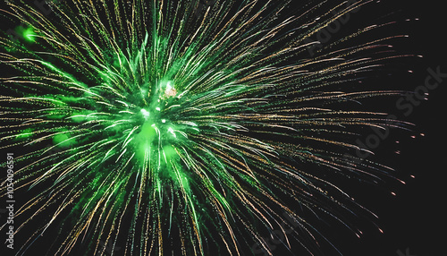 Close-up of blue and green fireworks burst at night, illuminating the dark sky with vibrant trails and sparks, festive celebration with bright colours, dynamic energy, powerful visual display