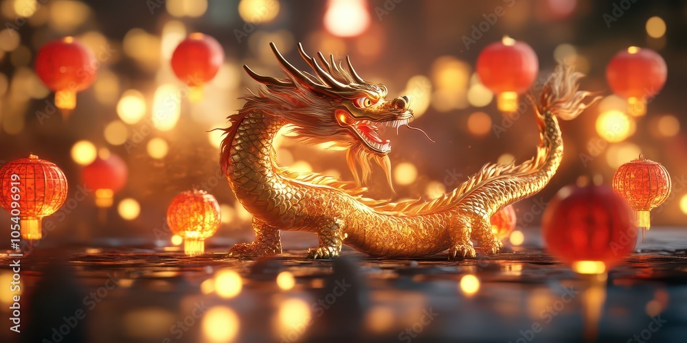 Fototapeta premium A 3D-rendered scene featuring a golden dragon and auspicious red lanterns for the Chinese New Year, creating a festive and prosperous atmosphere.
