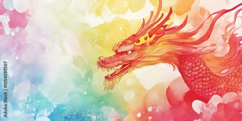 Obraz premium A watercolor illustration of a wooden dragon set against a colorful background, celebrating the Chinese New Year in dynamic style and capturing artistic expression.