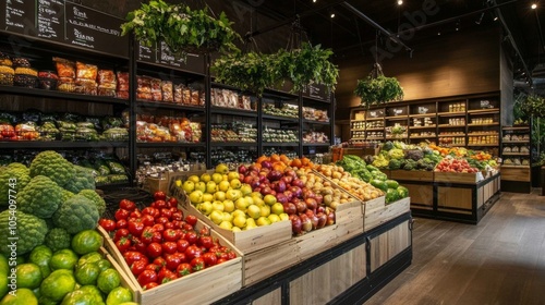 Display of fresh fruits and vegetables at a gourmet market. Colorful and appetizing produce selection. photo