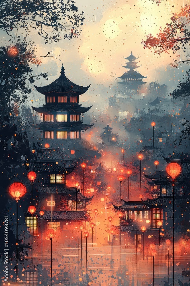 Fototapeta premium Illuminated Pagoda in a Misty Asian Cityscape with Red Lanterns