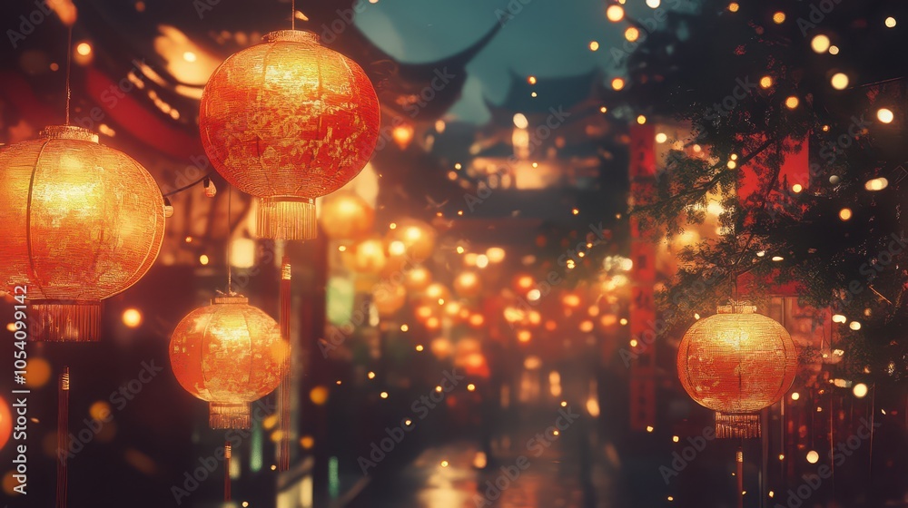 Obraz premium A vibrant illustration of Chinese New Year lanterns adorning a lively festive street scene, capturing the essence of traditional celebrations and cultural joy.
