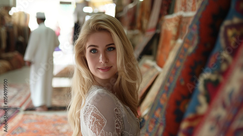 Young woman shopping for rugs in a Middle Eastern market.