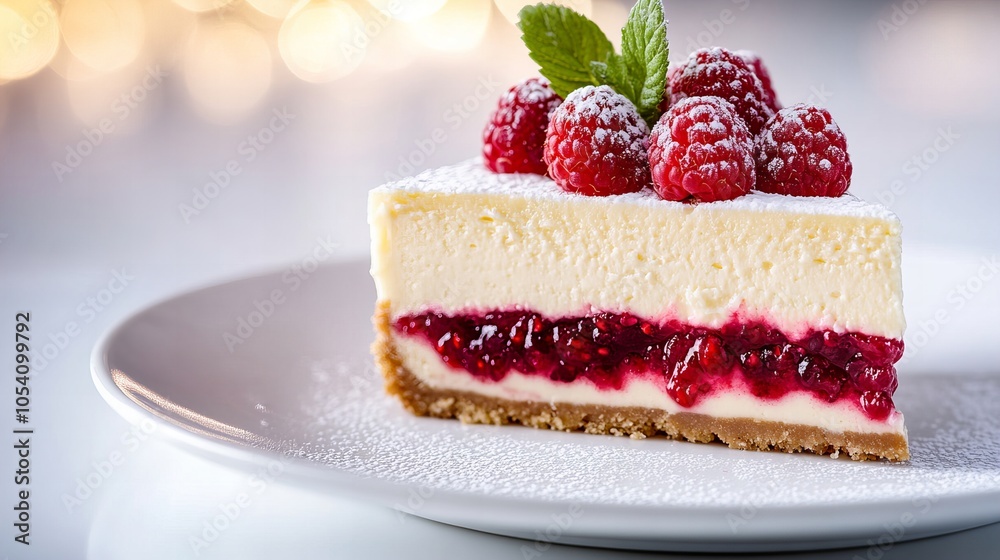 A slice of cheesecake with a raspberry filling and topped with fresh raspberries and a sprig of mint. A slice of cheesecake with a raspberry filling and topped with fresh raspberries and a sprig of mint.