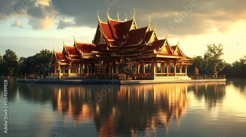 Thai-style pavilion by the water with red roofs and golden decor, reflecting in the calm water photo