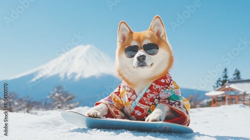 A Dog wearing a traditional Japanese kimono, meditating on a snowboard at the summit. Minimalist backgrounds photo