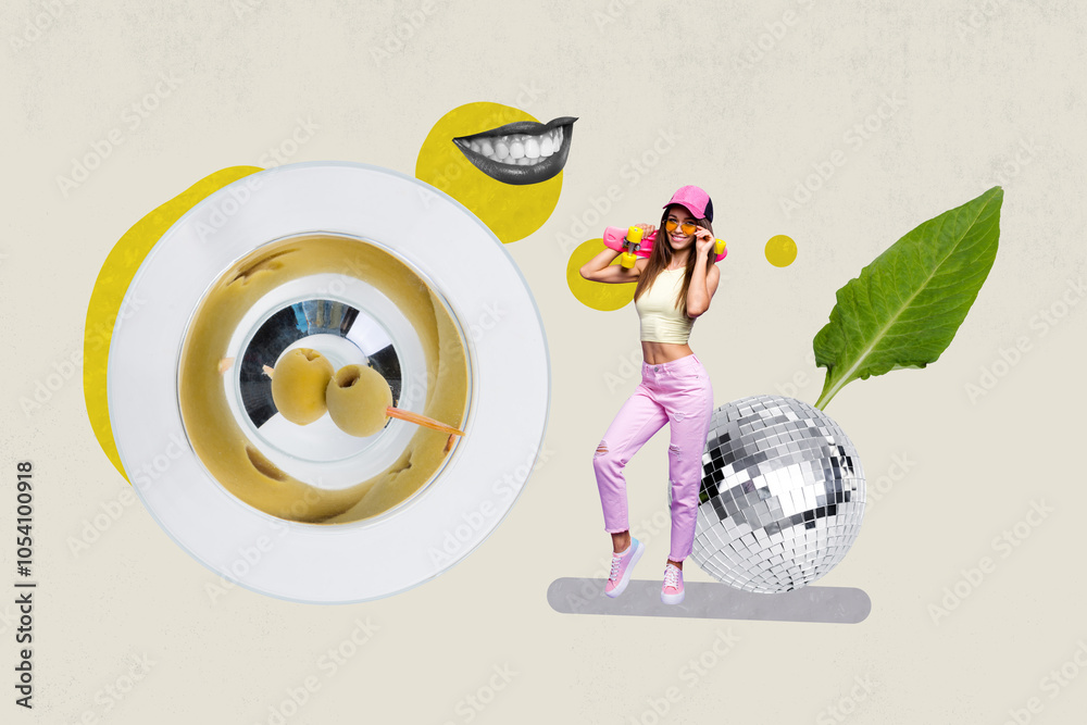 Φωτογραφία Composite photo collage of happy hipster girl wear cap sunglass hold skateboard