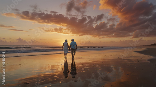 elderly couple walking at the beach