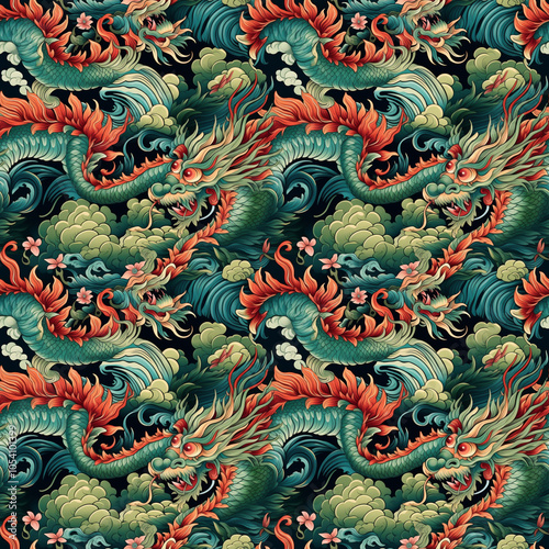 Wallpaper Mural Traditional Dragon Seamless Pattern. Pattern for wallpaper, background, print on fabric and paper. Torontodigital.ca
