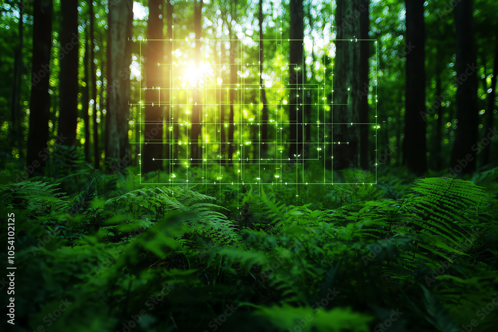Fototapeta premium Layered forest scene with interconnected animals and plants, representing sustainable interactions