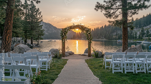 Outdoor wedding venue overlooking a lake at sunset, with white chairs and an arch decorated with greenery and flowers, creating a romantic natural setting