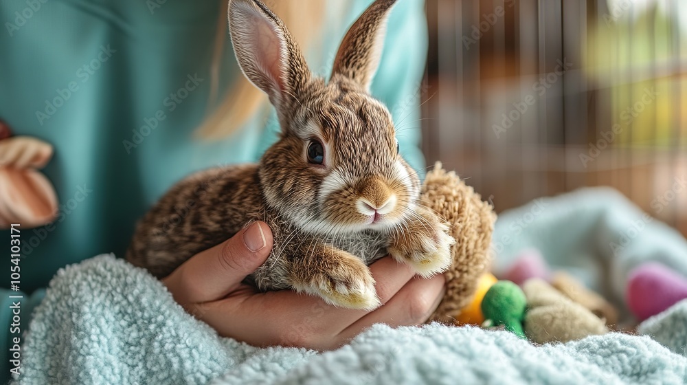 Obraz premium A rescued rabbit being gently held by a volunteer, surrounded by soft bedding and toys