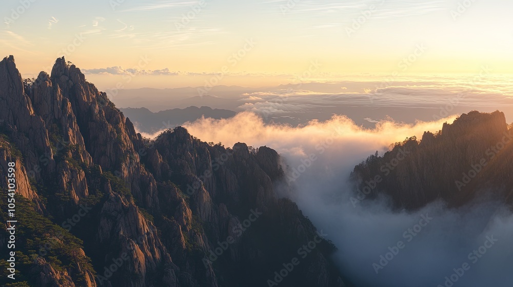 Sunrise illuminating mountain peaks over a sea of clouds Sunrise illuminating mountain peaks over a sea of clouds