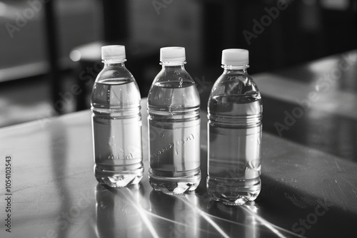 Three bottles of water are sitting on a table. The bottles are clear and have white lids. The scene is simple and straightforward, with no additional elements or distractions