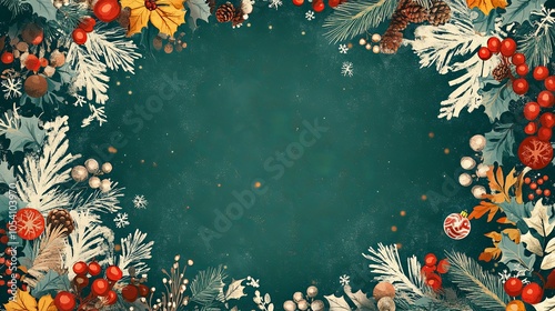 Christmas style wallpaper, green background with white decoration and large blank space in the center for text, chrismas patterns such as Christmas ornaments on both sides of the frame,Sleighscattered photo