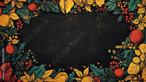 Christmas-style wallpaper, golden background with black decoration, and large blank space in the center for text, such as Tinsel on both sides of the frame,Christmas carol book scattered around