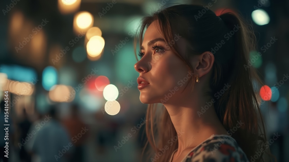 Fototapeta premium Woman with Ponytail Standing in City at Night with Blurry Lights in Background