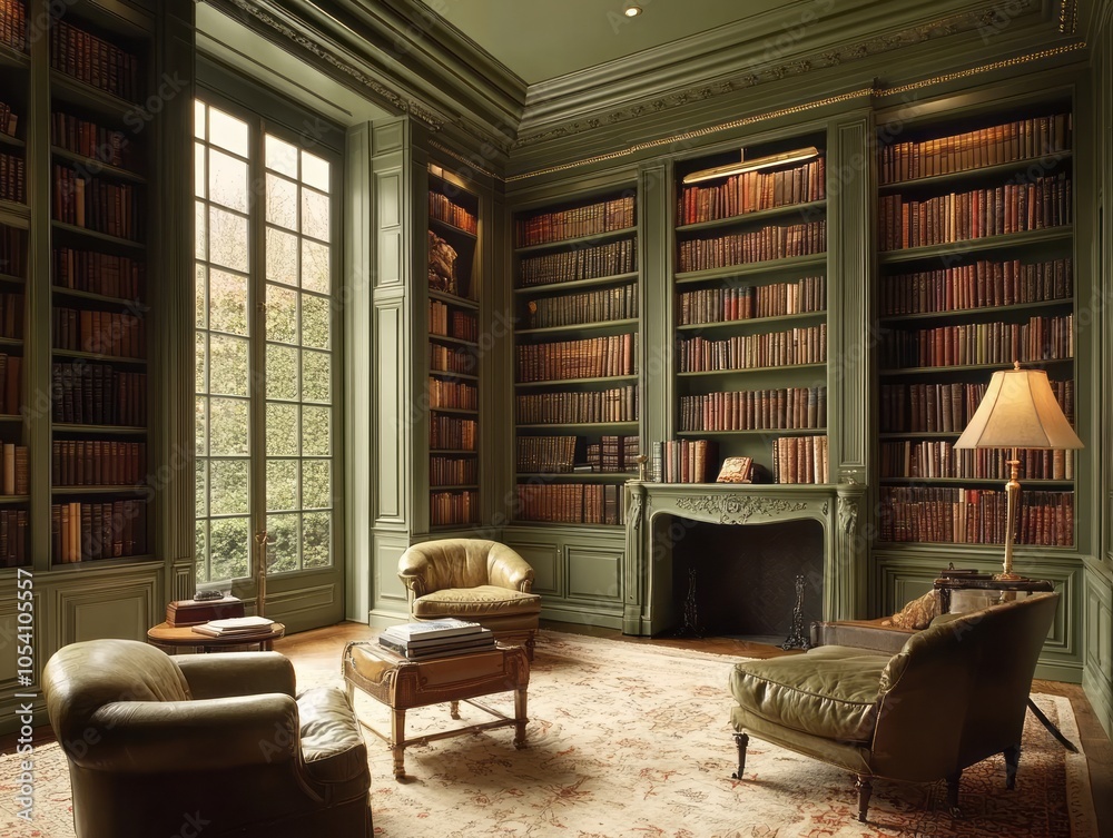 A sophisticated library featuring olive green walls and light brown wall paneling A sophisticated library featuring olive green walls and light brown wall paneling