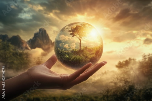 Hand holding crystal ball reflecting idyllic natural landscape at sunset photo