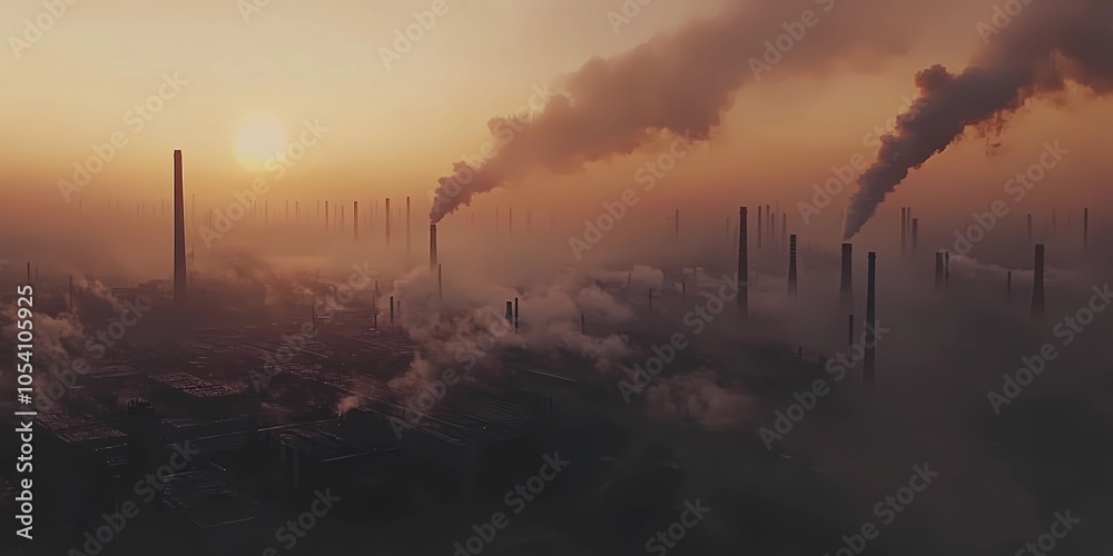 Obraz premium Panoramic view of smoking factory chimneys emitting thick white smoke against a clear sky, industrial landscape showing environmental impact and pollution. Factory smokestacks releasing dark, billowin